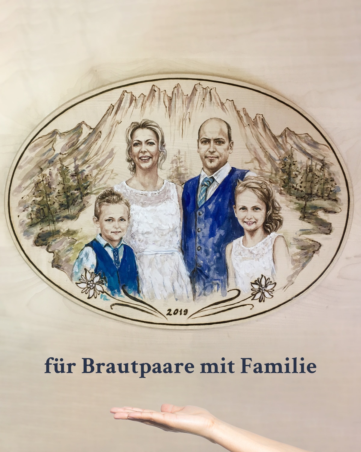 Hochzeitsgeschenk auf Holz für Brautpaare mit Kinder Familie